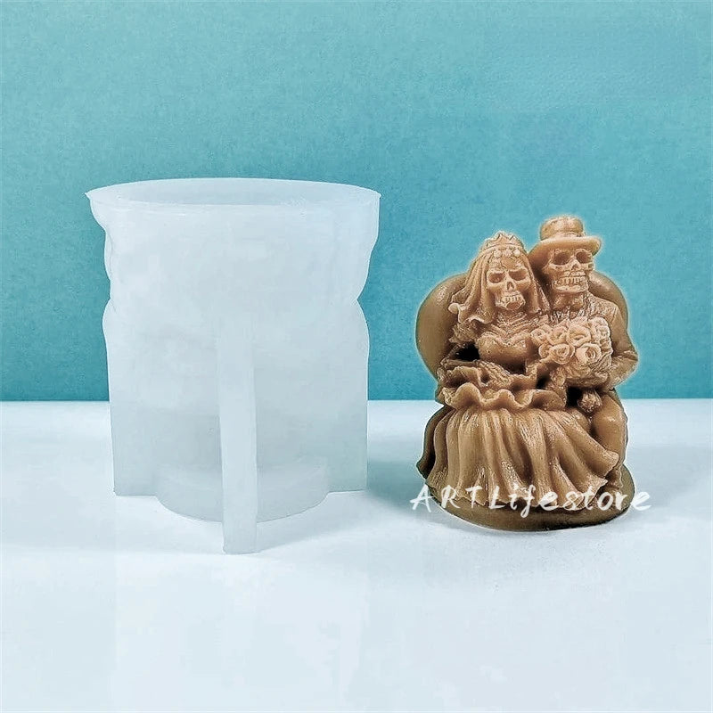 New Skull Couple Silicone Candle Mold DIY Bride and Groom Sculpture Crafts Plaster Resin Casting Tool Halloween Decoration Gift