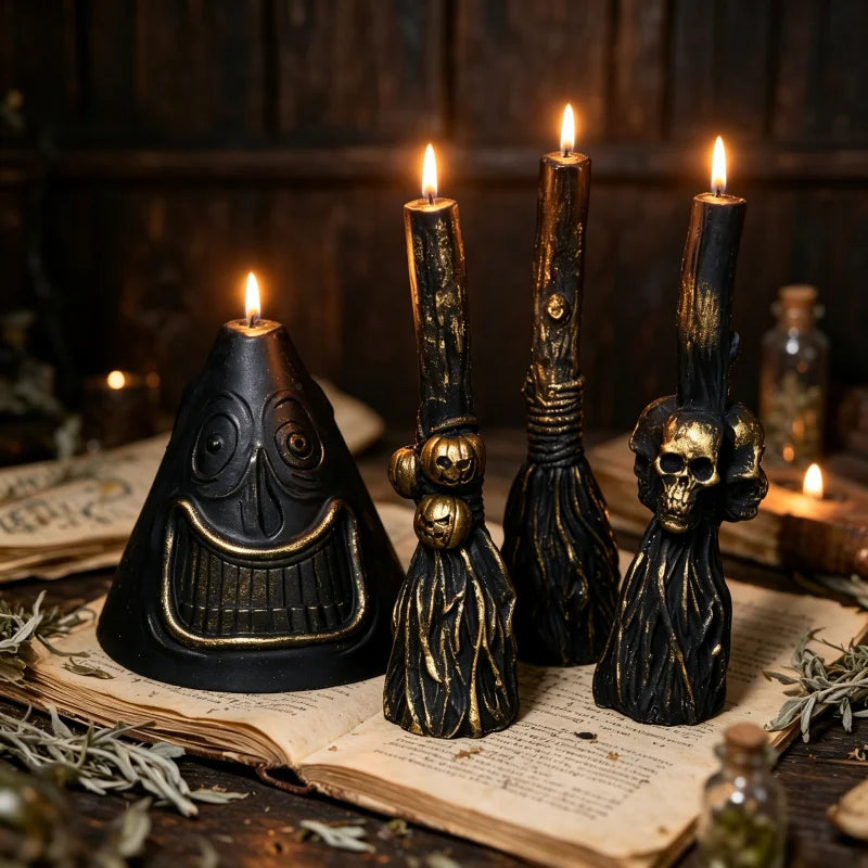 3D Witch Broom Candle Mold Handmade Pillar Mold Witchcraft Whisk Broom with Pumpkin Skull Face Magic Ritual Spiritual Candle Mld
