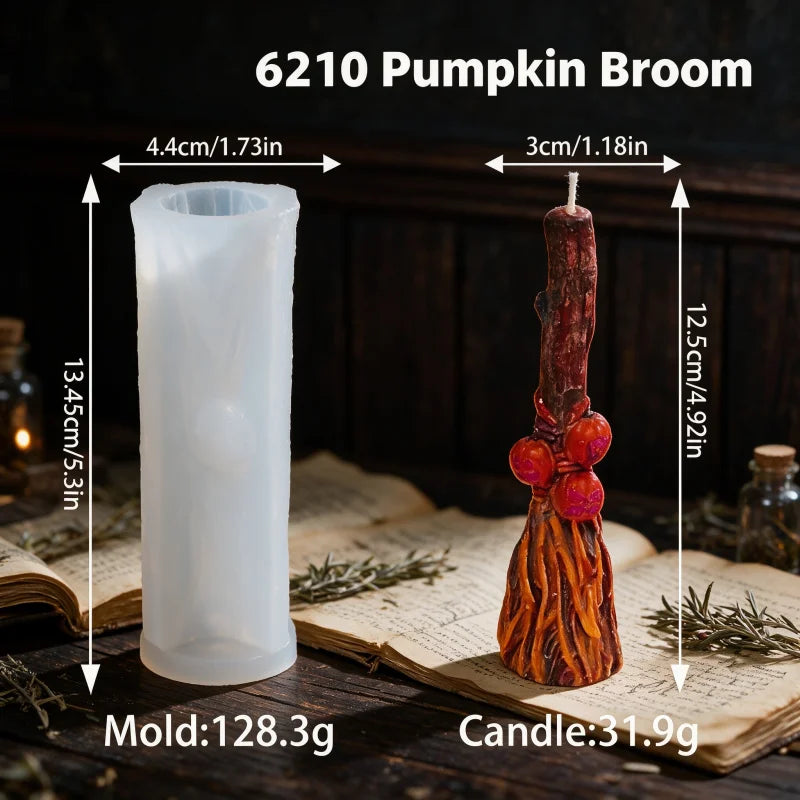 3D Witch Broom Candle Mold Handmade Pillar Mold Witchcraft Whisk Broom with Pumpkin Skull Face Magic Ritual Spiritual Candle Mld