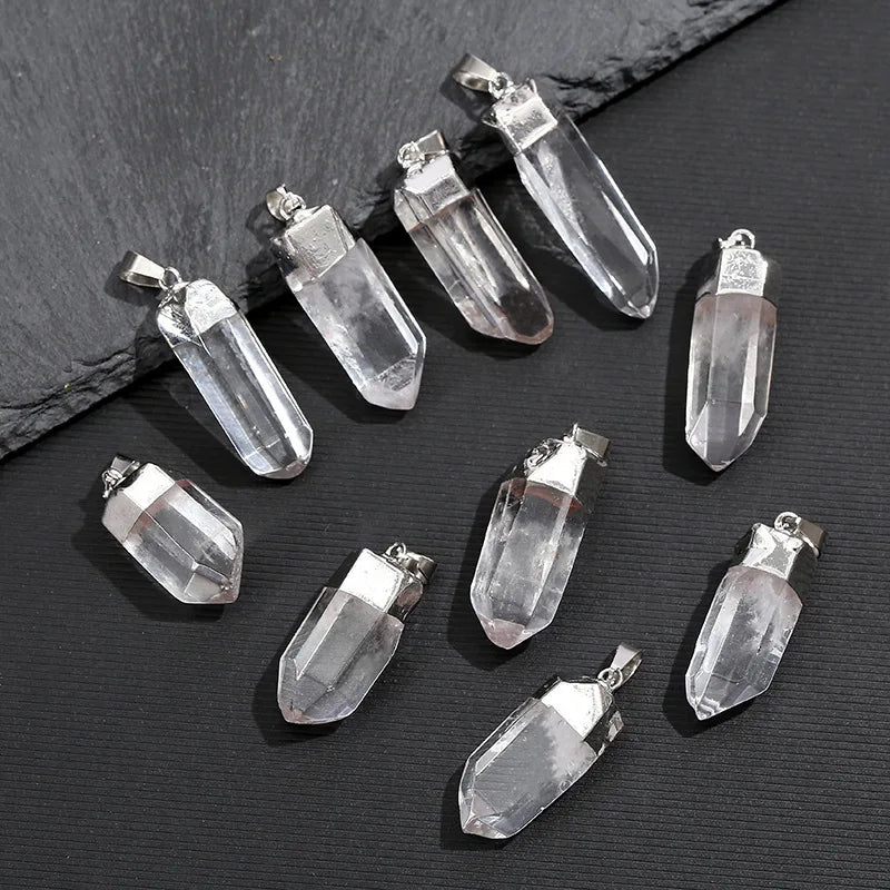 Natural Clear Quartz Crystal Pendant Electroplated Polished Raw Stone Energy Healing Point Charm for DIY Jewelry Making Necklace