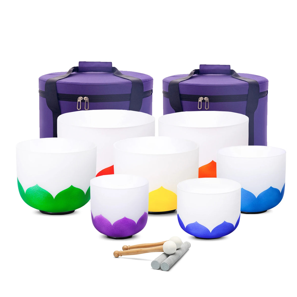 440/432HZ Color Chakra Frosted Quartz Crystal Singing Bowls 6-12" set of 7pcs for yoga and Meditation Sound Healing with Bag