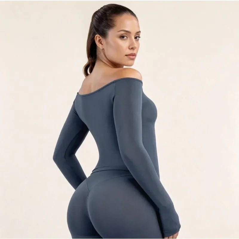 Womens Off Shoulder Long Sleeve Yoga Top Quick Dry Athletic Shirt Outdoor Casual Running Fitness Workout Long Sleeve Activewear