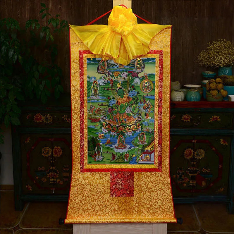 35*20cm Tibetan Thangka Wall Art Padmasambhava Green Tara Buddha Painting Hanging Decor Religious Scroll Picture Home Decoration