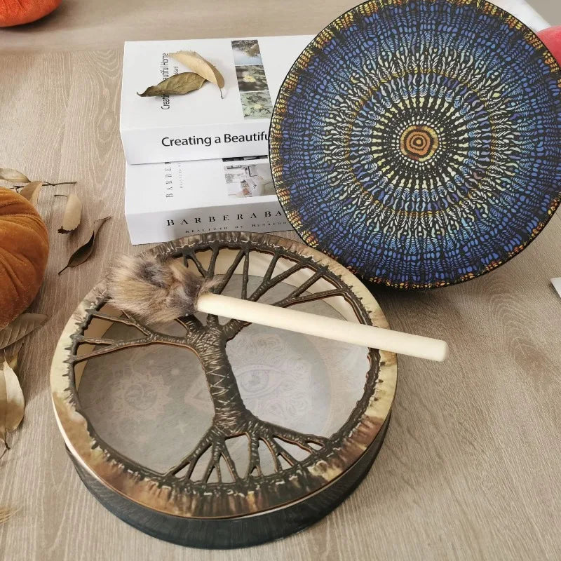 Tree of Life Shaman Drum Yoga Sound Healing Tambourines with Stick Adult Meditation Hand Drums Percussion Musical Instruments