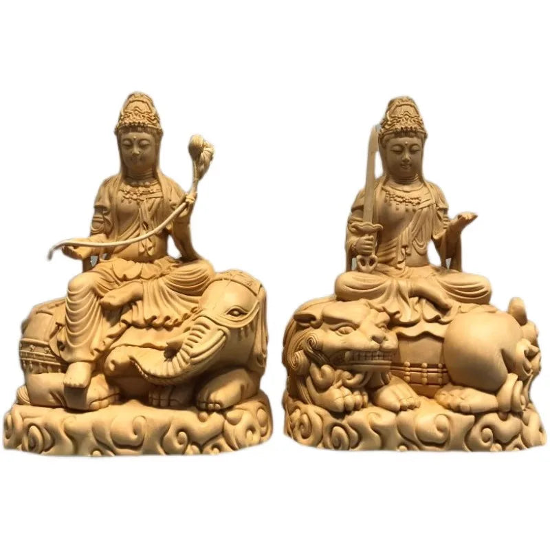 Hand Carved Hinoki Wood Manjushri on Lion Samantabhadra on Elephant Bodhisattva Statues Pair (Set of 2) - Spiritual Ornament