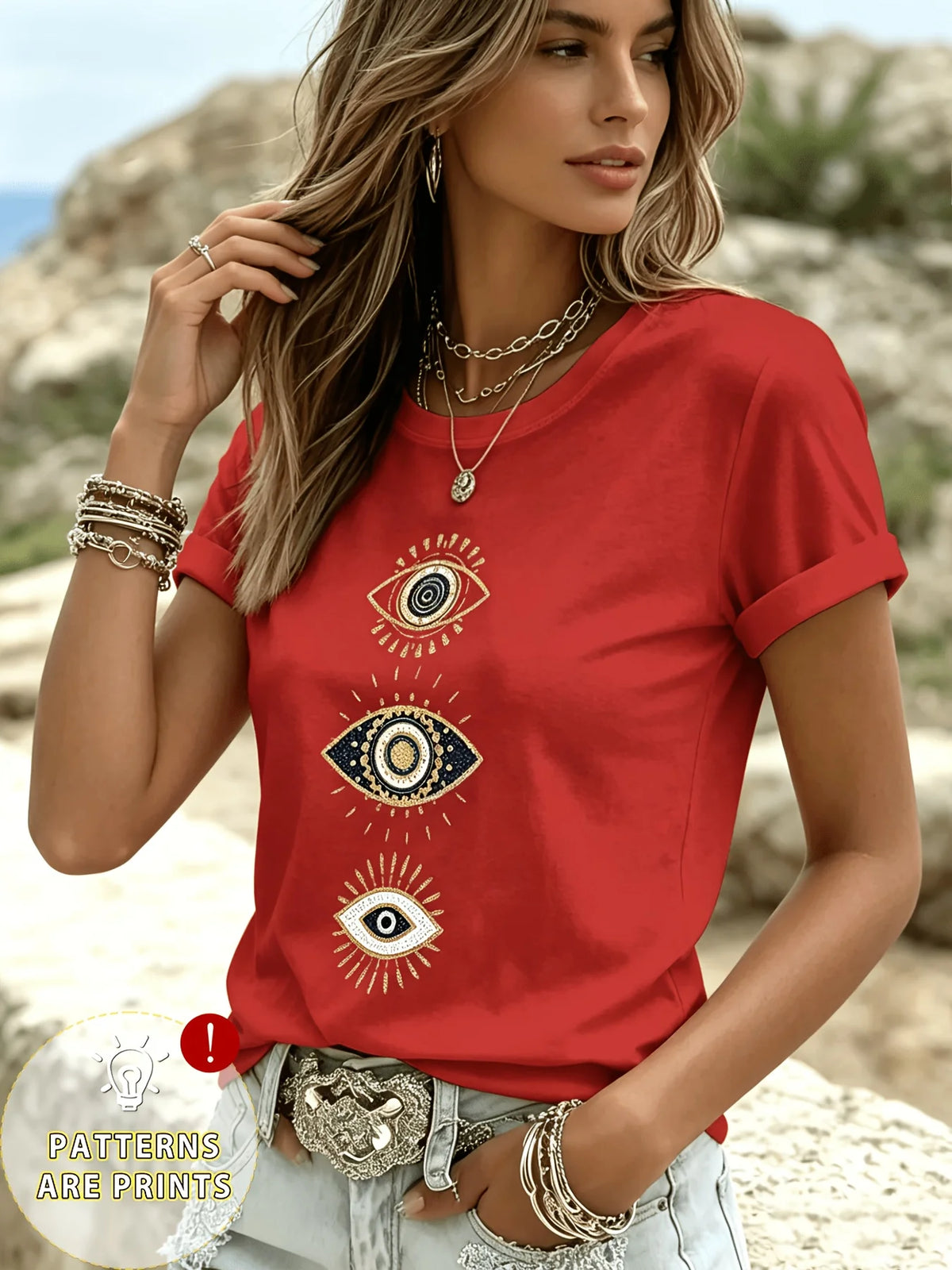 Bohemian Mysterious Eye Pattern Top Türkiye Eye Theme Round Neck Short Sleeve Blue Gold Color Pair Evil Eye Casual Daily T-shirt