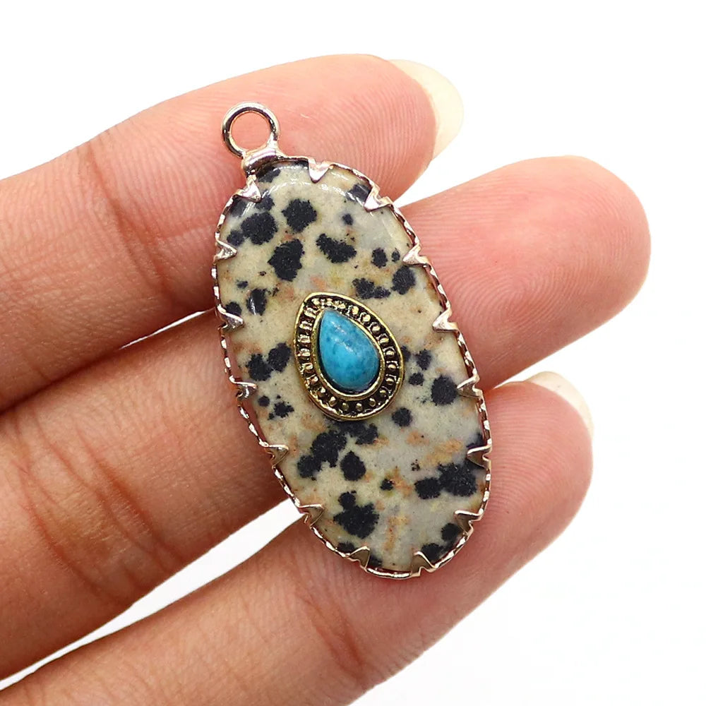 Natural Stone Dalmatian Jasper Oval Pendants Amethyst Turquoise Evil Eye Charms DIY Necklace Jewelry Making Supplies