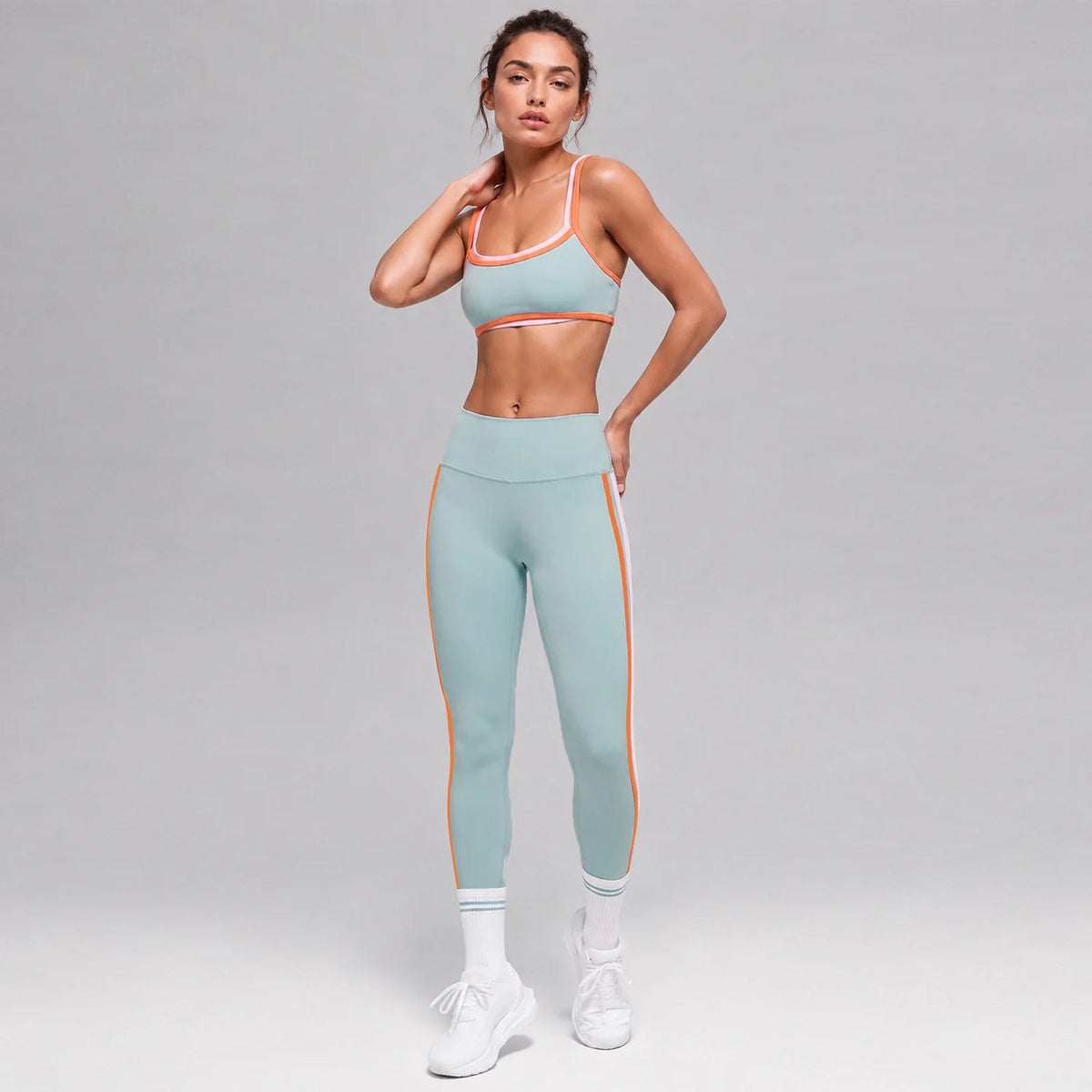 Color Block Contrast Trim Women Fitness Outfit Set Camisole Sports Bra High Elastic Flared Yoga Pants 2Pcs Sport SetSports Wear