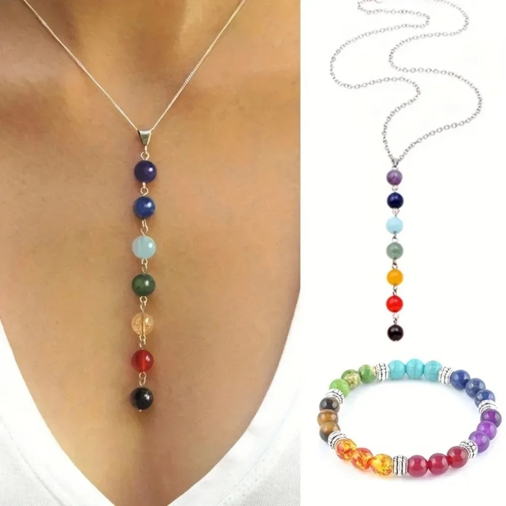 Women 7 Chakra Healing Crystal Gemstone Bead Set Yoga Balancing Necklace Bracelet Reiki Solid Design Daily Party Birthday Gift