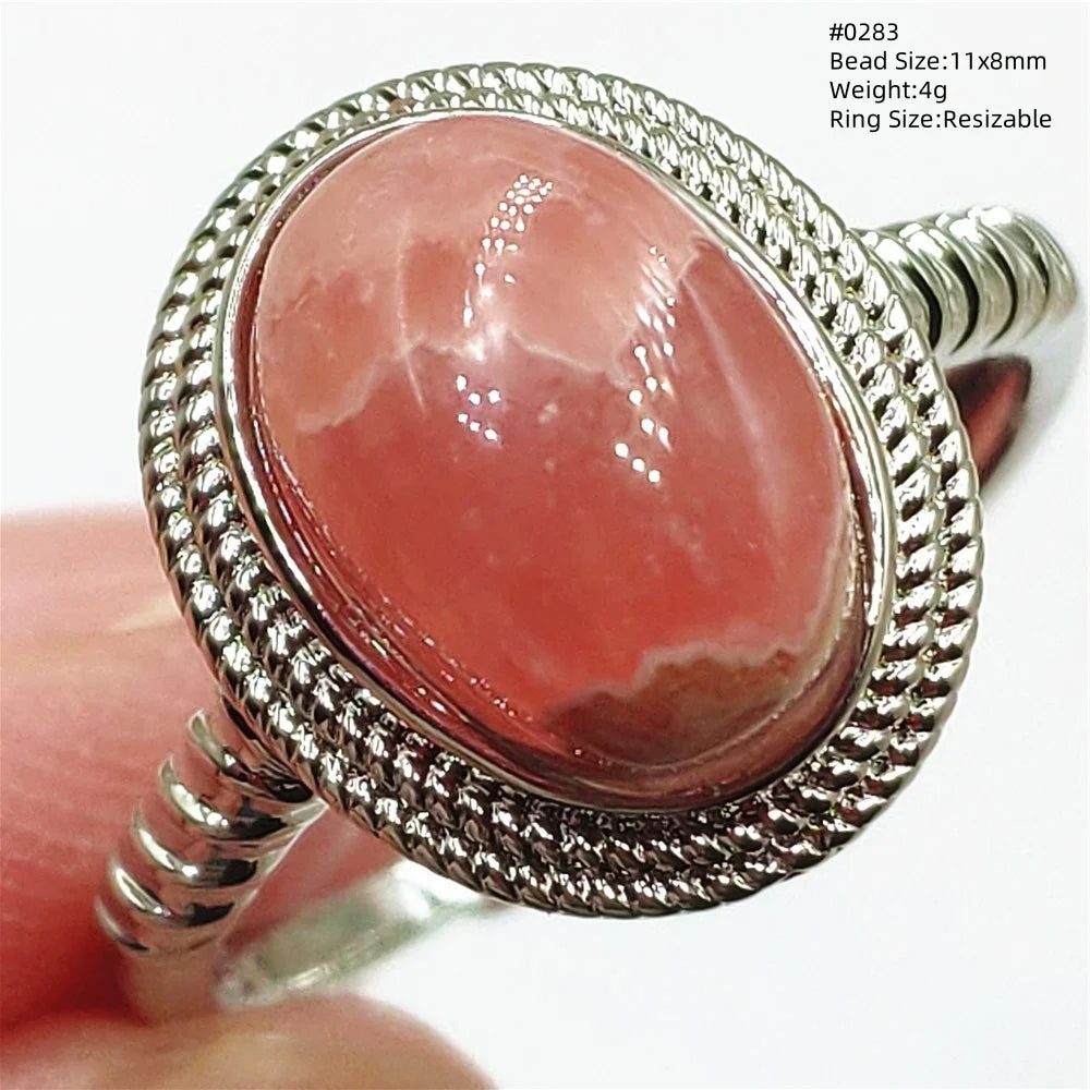 Ice Natural Red Rhodochrosite Rose Adjustable Ring 13x10mm 925 Sterling Silver For Women Ring Oval Bead AAAAA