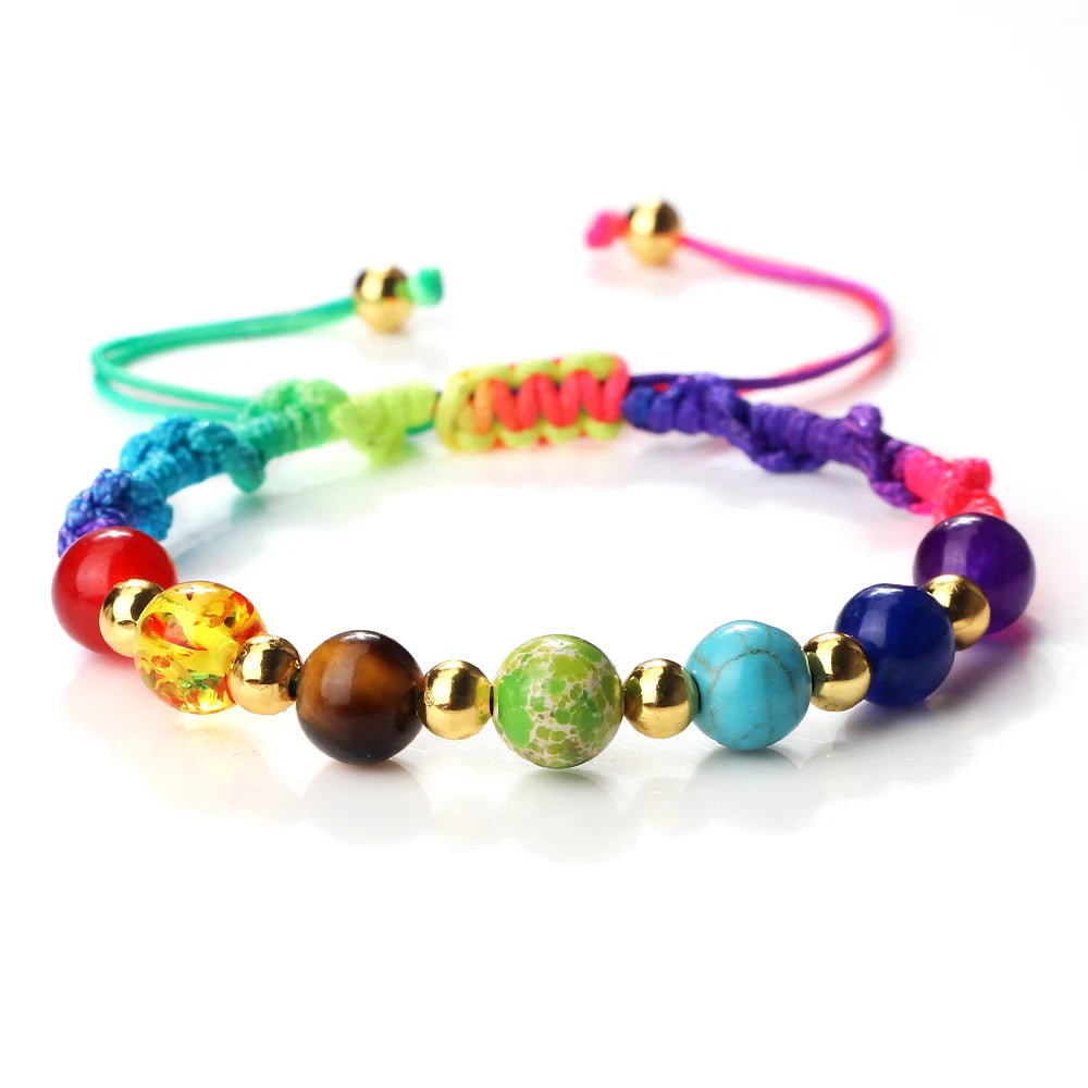 Reiki 7 Chakra Bracelet Natural Stone Rope Braided Yoga Healing Gold Color Copper Beads Bracelets & Bangles Meditation Jewelry