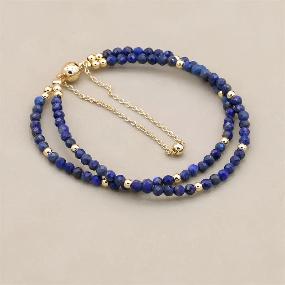 3MM Double Layer Natural Lapis Lazuli Beads Magnetic Buckle Gold Plated Charm Strand Bracelets Handmade Women Jewelry