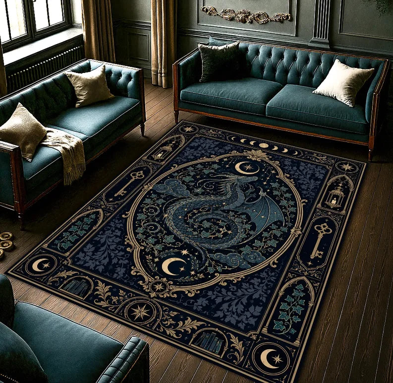 Black Celestial Botanical Rug Gold Floral Night Sky Area Carpet Gothic Starry Living Room Rug Witchy Moon Garden Floor Decor Art