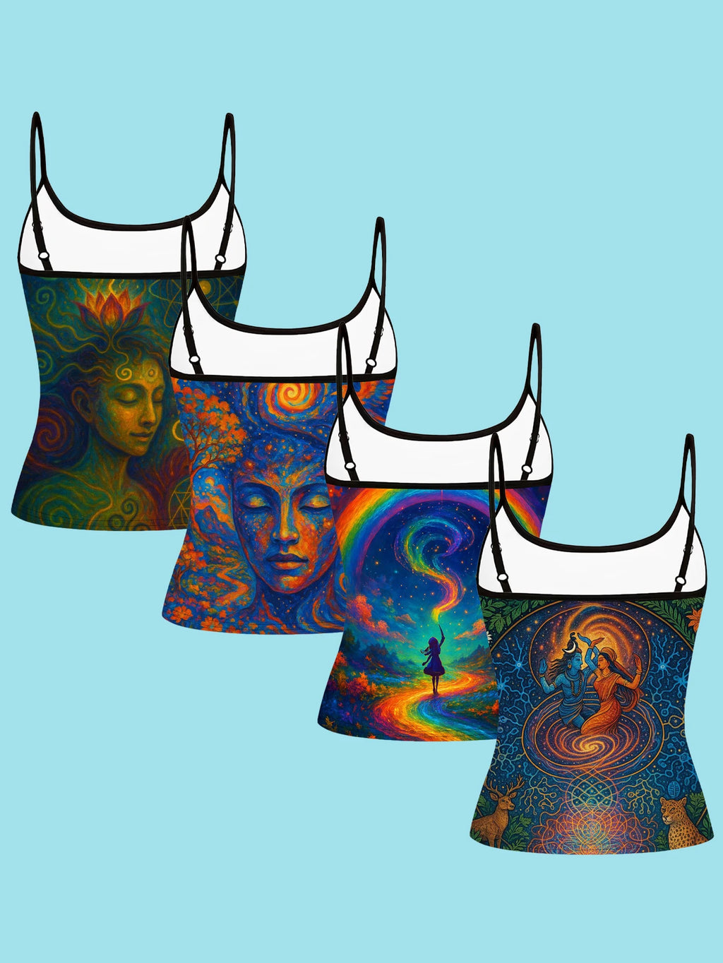 4-Pack of Women's Spiritual Art Print Camisoles with Lotus Meditation Images, Rainbow Light Path, Mythological Symbols, Slim-Fit Spaghetti Strap Inner Tops