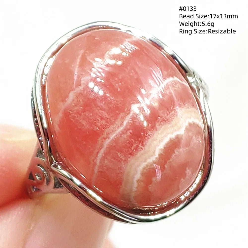Natural Red Rhodochrosite Adjustable Ring Jewelry Rose Rhodochrosite 925 Sterling Silver Women Oval Bead AAAAA