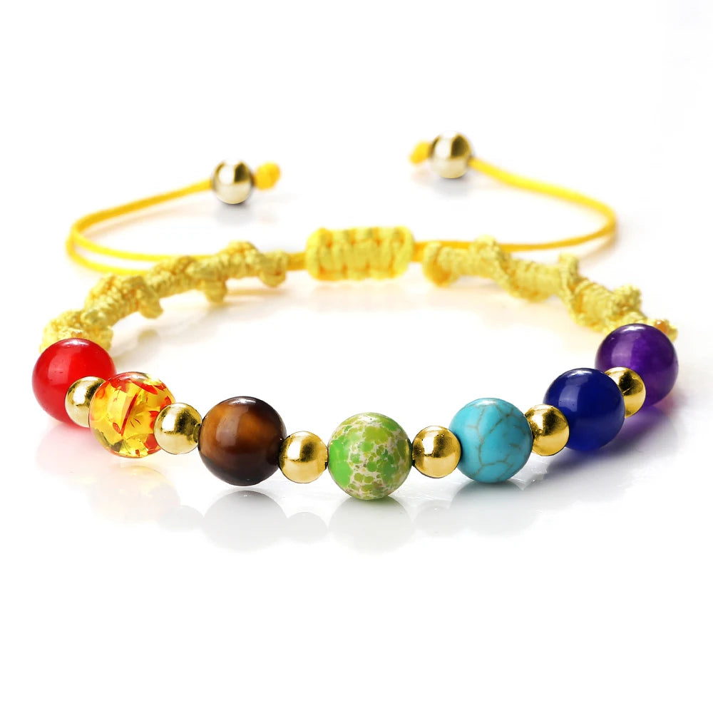 Reiki 7 Chakra Bracelet Natural Stone Rope Braided Yoga Healing Gold Color Copper Beads Bracelets & Bangles Meditation Jewelry