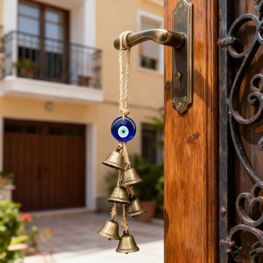 Retro Style Evil Eye Hanging Ornament Metal Bell Hemp Rope Wind Chime Garden Porch Decoration Unique Home Accessory