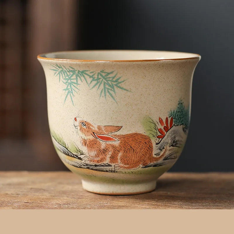 1 Pc Chinese Zodiac Ceramic Tea Cup Handmade Vintage Pottery Tea Bowl Teaware Master Teacup Personal Meditation Cup 110ml