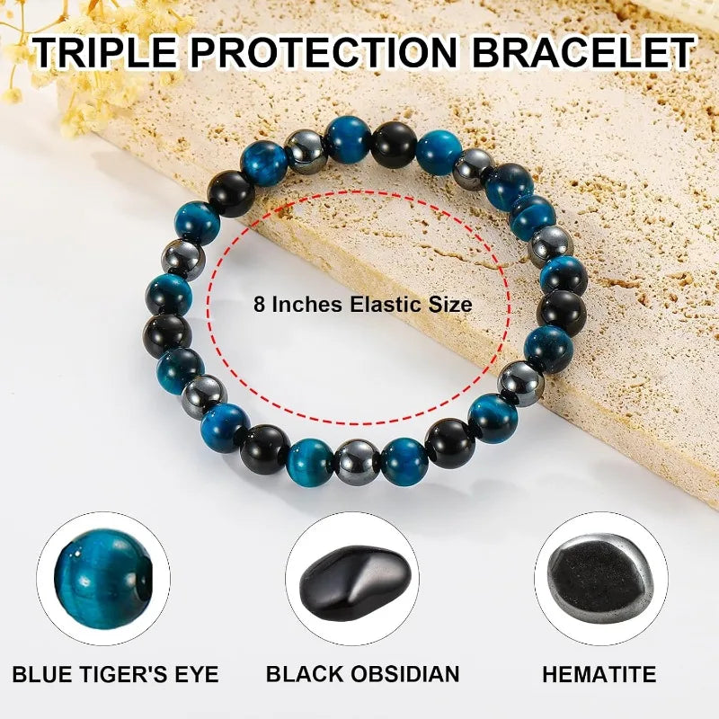 Bracelet for Men Him Dad Son Triple Protection Hematite Black Obsidian Tiger Eye Beaded Bracelets Birthday Healing Jewelry Gifts