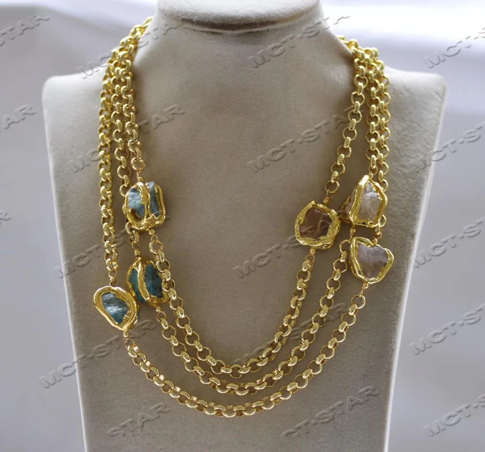 Z12659 56'' 20mm Baroque Amethyst Aquamarine Crystal Gold-Plated Chain Necklace