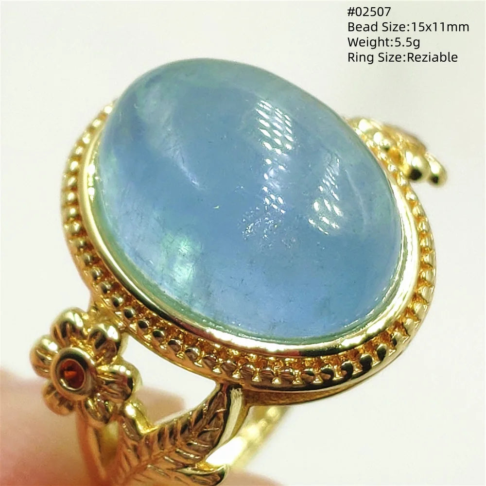 Natural Blue Aquamarine Beads Ring Adjustable Brazil Ring Oval 925 Sterling Silver Aquamarine Jewelry Women AAAAA
