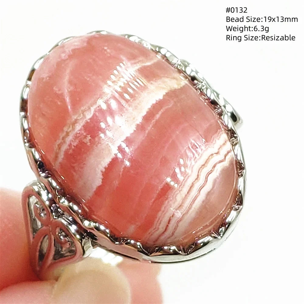 Natural Red Rhodochrosite Adjustable Ring Jewelry Rose Rhodochrosite 925 Sterling Silver Women Oval Bead AAAAA