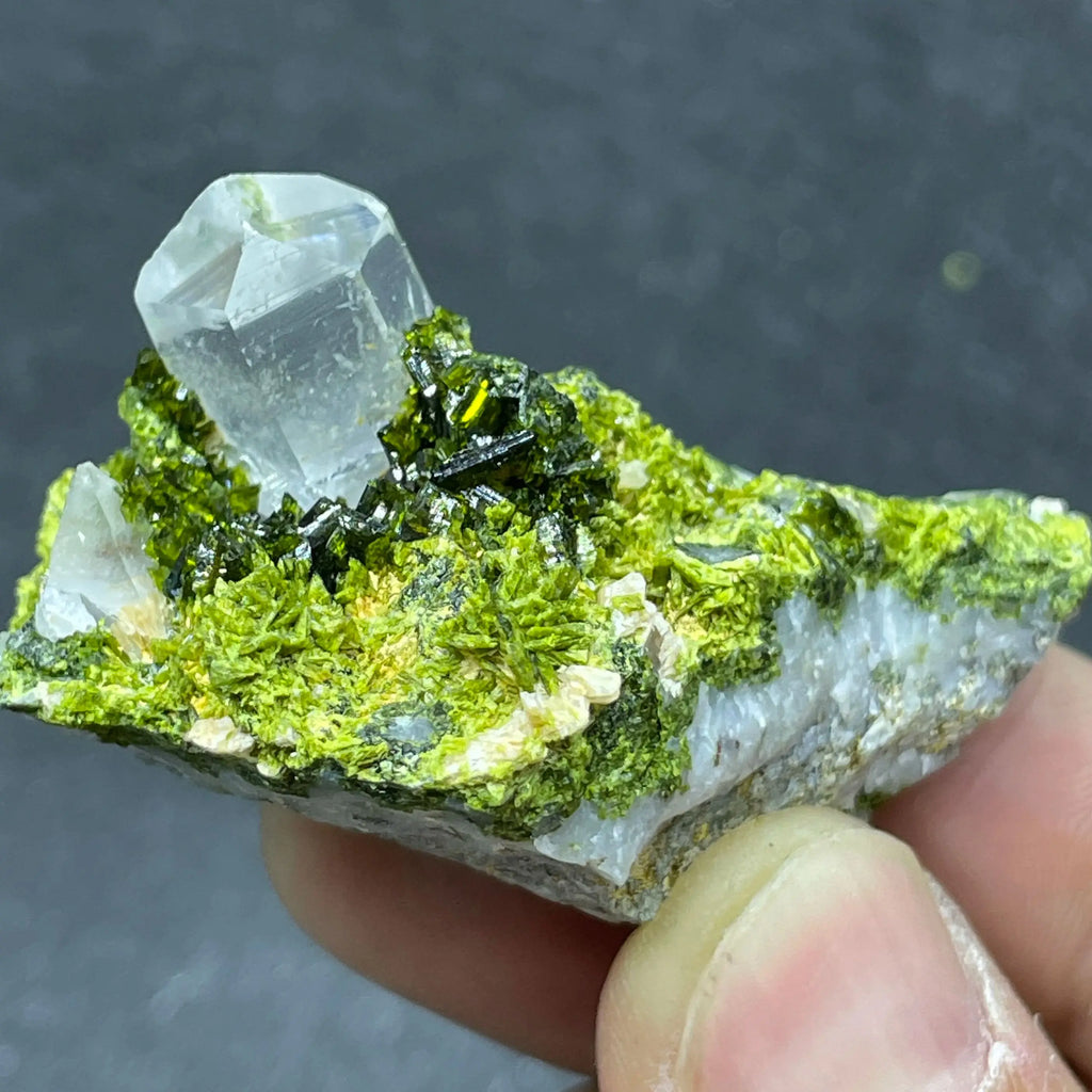 Natural Green Epidote with Clear Quartz Crystal Symbiosis Rough Specimen Healing Teaching Stone for Home Decor