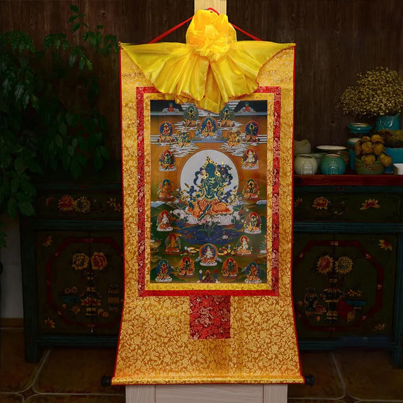 35*20cm Tibetan Thangka Wall Art Padmasambhava Green Tara Buddha Painting Hanging Decor Religious Scroll Picture Home Decoration
