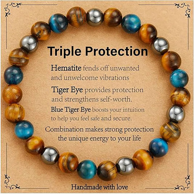 Bracelet for Men Him Dad Son Triple Protection Hematite Black Obsidian Tiger Eye Beaded Bracelets Birthday Healing Jewelry Gifts