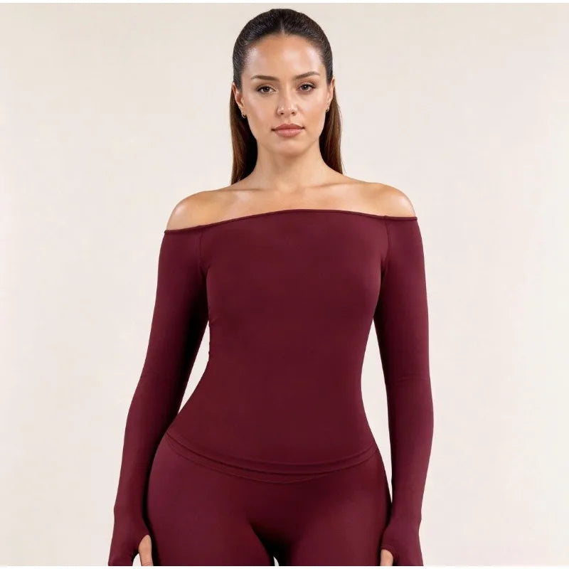 Womens Off Shoulder Long Sleeve Yoga Top Quick Dry Athletic Shirt Outdoor Casual Running Fitness Workout Long Sleeve Activewear