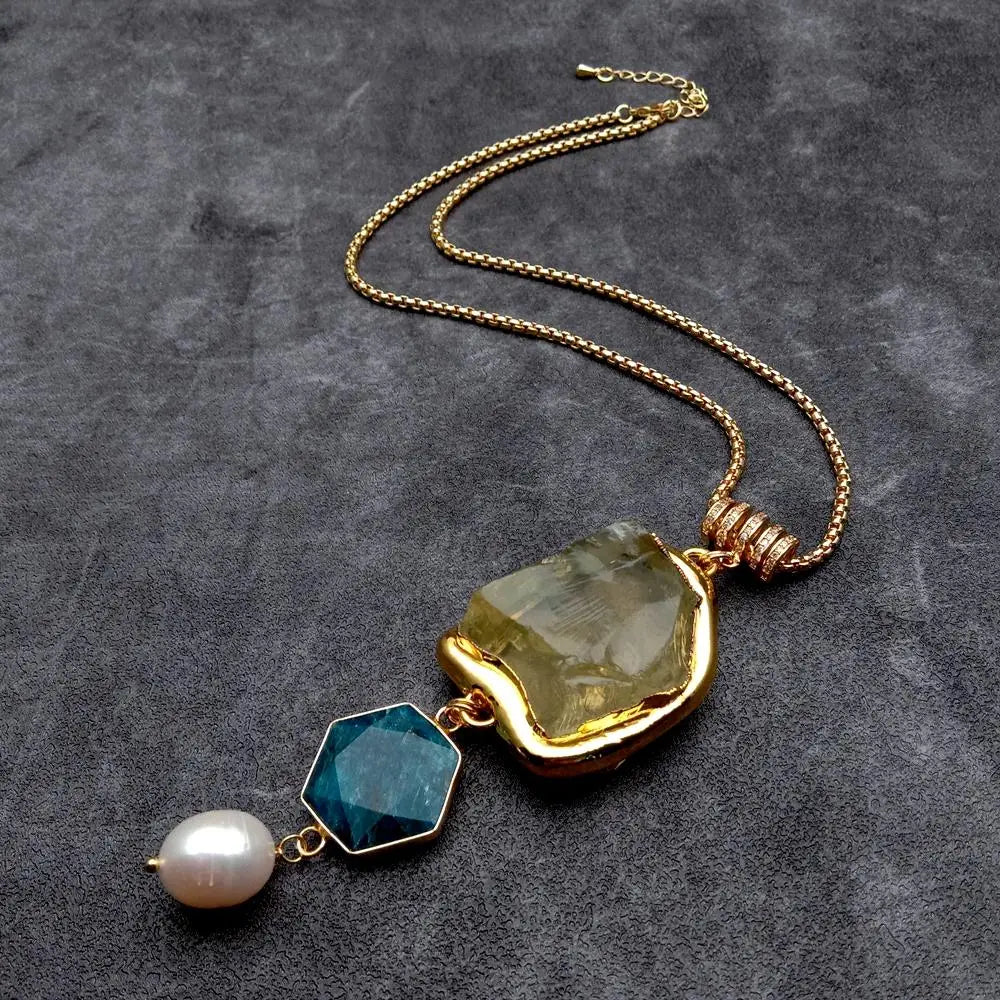 Y·YING Natural Yellow Lemon Quartz Blue Apatite Cultured White Rice Pearl Gold Plated Chain Necklace Jewelry