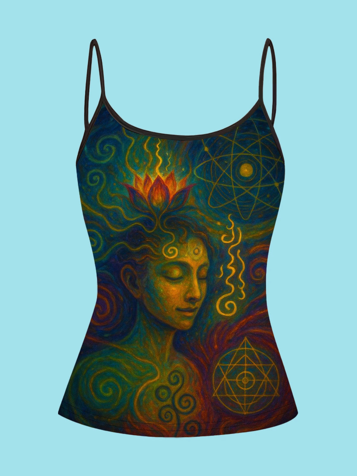 4-Pack of Women's Spiritual Art Print Camisoles with Lotus Meditation Images, Rainbow Light Path, Mythological Symbols, Slim-Fit Spaghetti Strap Inner Tops