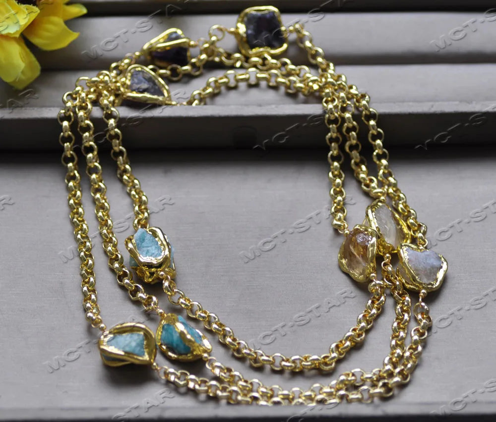 Z12659 56'' 20mm Baroque Amethyst Aquamarine Crystal Gold-Plated Chain Necklace