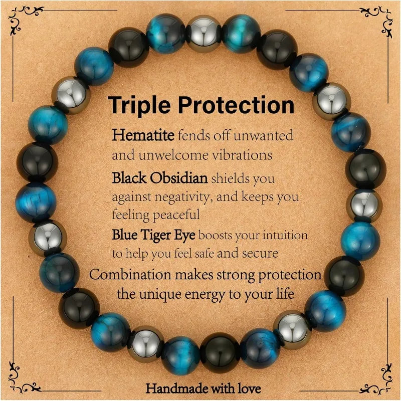 Bracelet for Men Him Dad Son Triple Protection Hematite Black Obsidian Tiger Eye Beaded Bracelets Birthday Healing Jewelry Gifts