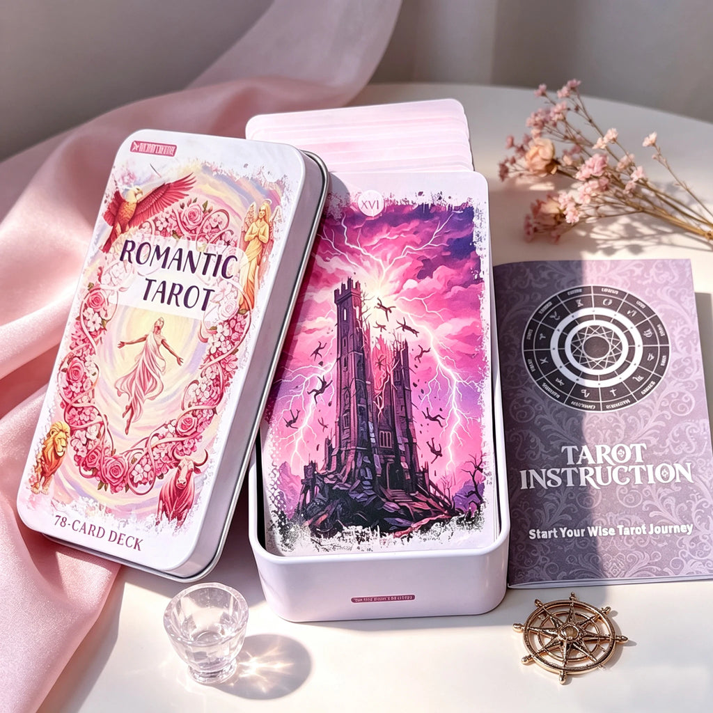 Pink Romantic Fantasy Tarot Deck in Tin Box, 78-Card Full Deck with Instruction Book, Spiritual Divination Oracle 11*6.2cm