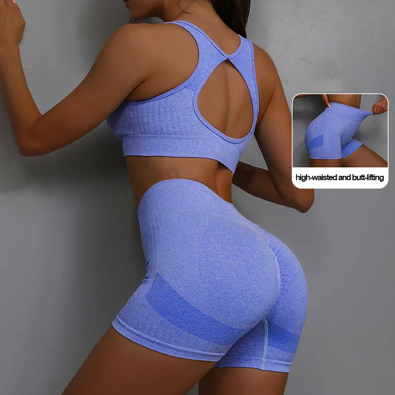 Women's Sports Fitness Yoga Suit Set Breathable Elastic Shorts Peach Bottom Smiling Face Design Beautiful Back Bra Yoga Pant