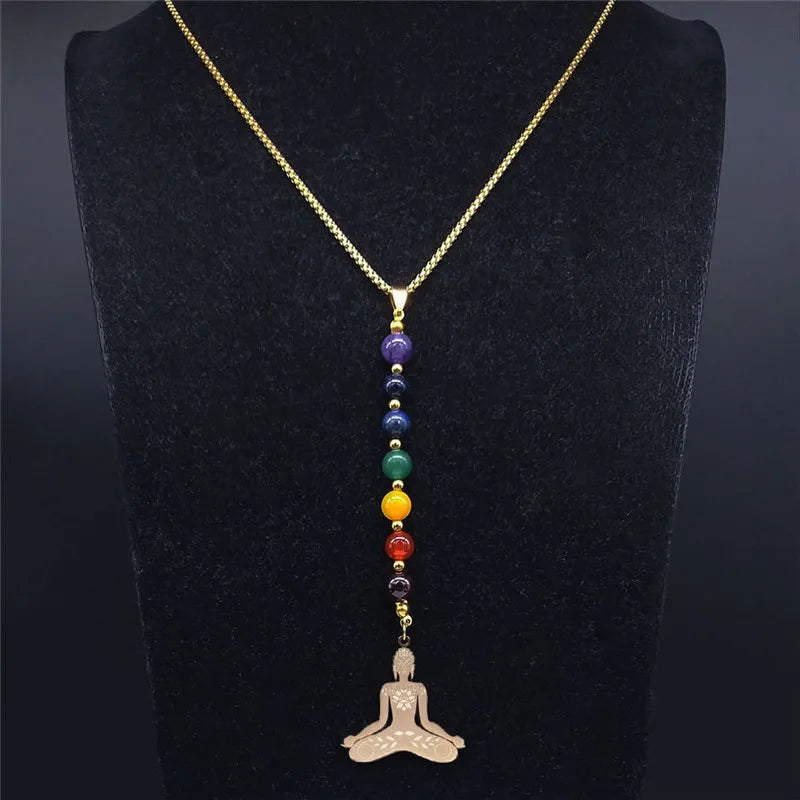 7 Chakra Yoga Flower of Life Necklace Lotus Buddhas Moon Carved Gem Stone Beads Necklaces Reiki Healing Balancing Maxi Jewelry