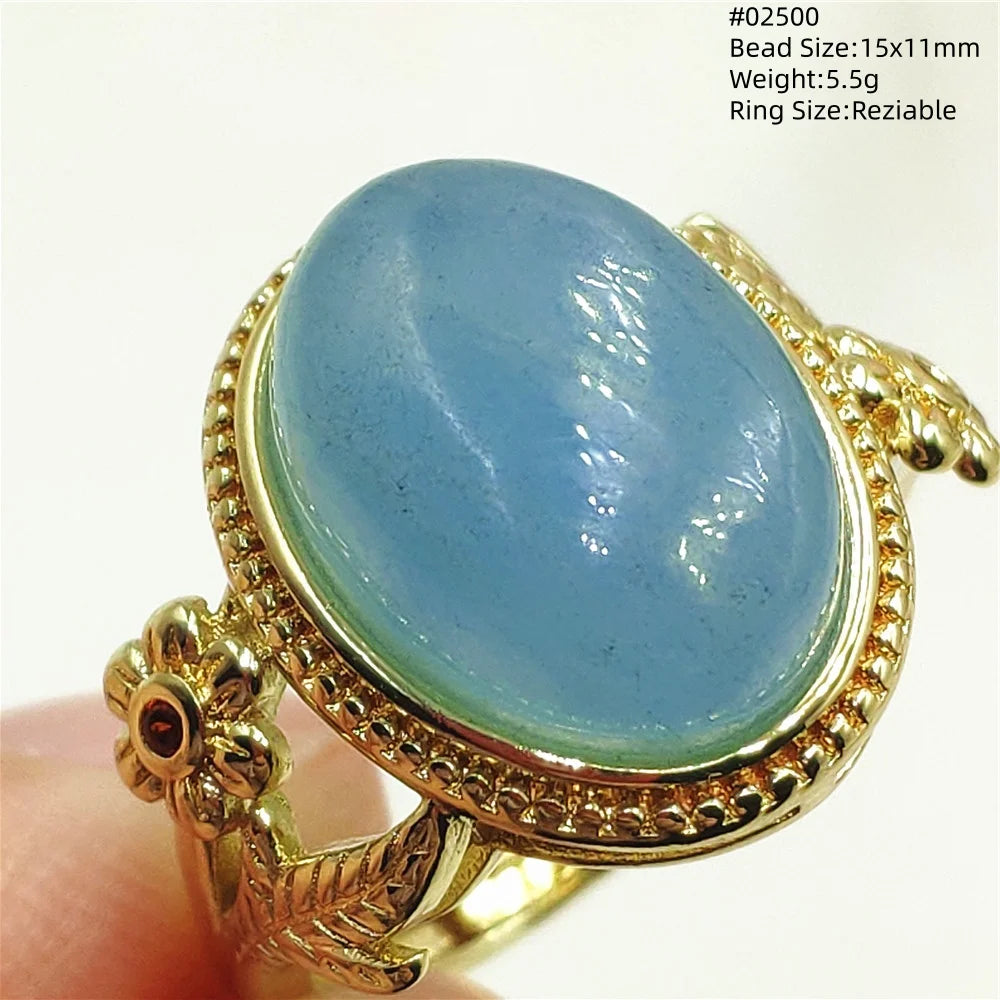 Natural Blue Aquamarine Beads Ring Adjustable Brazil Ring Oval 925 Sterling Silver Aquamarine Jewelry Women AAAAA