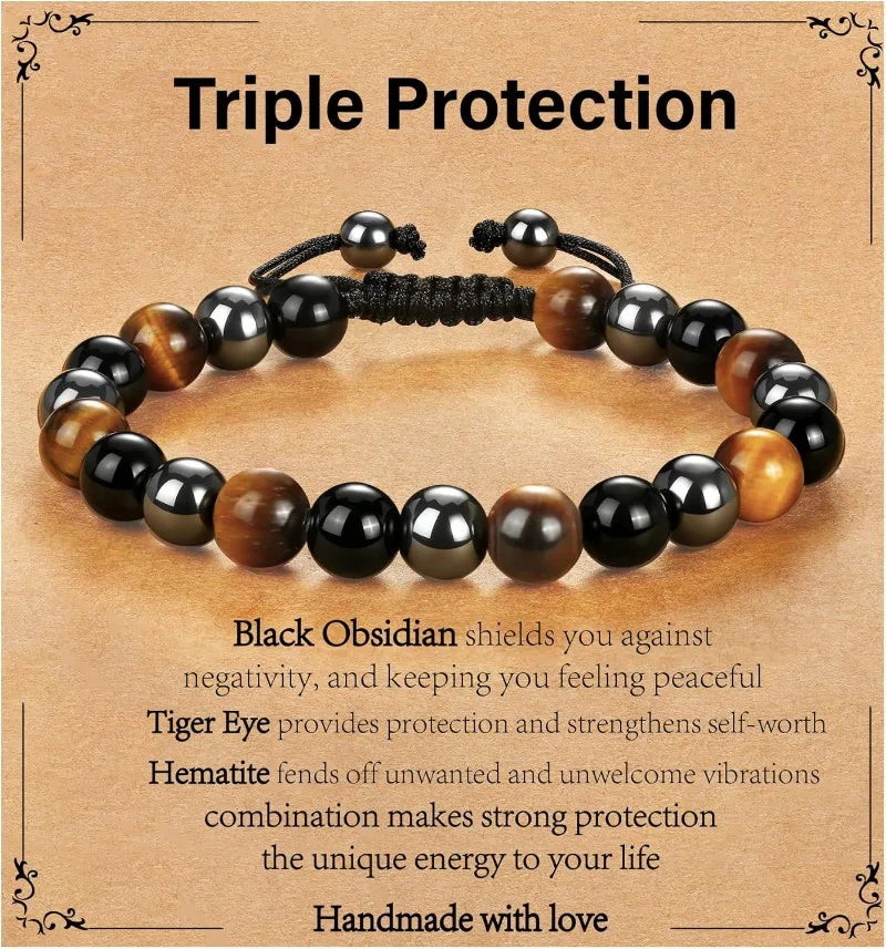 Bracelet for Men Him Dad Son Triple Protection Hematite Black Obsidian Tiger Eye Beaded Bracelets Birthday Healing Jewelry Gifts