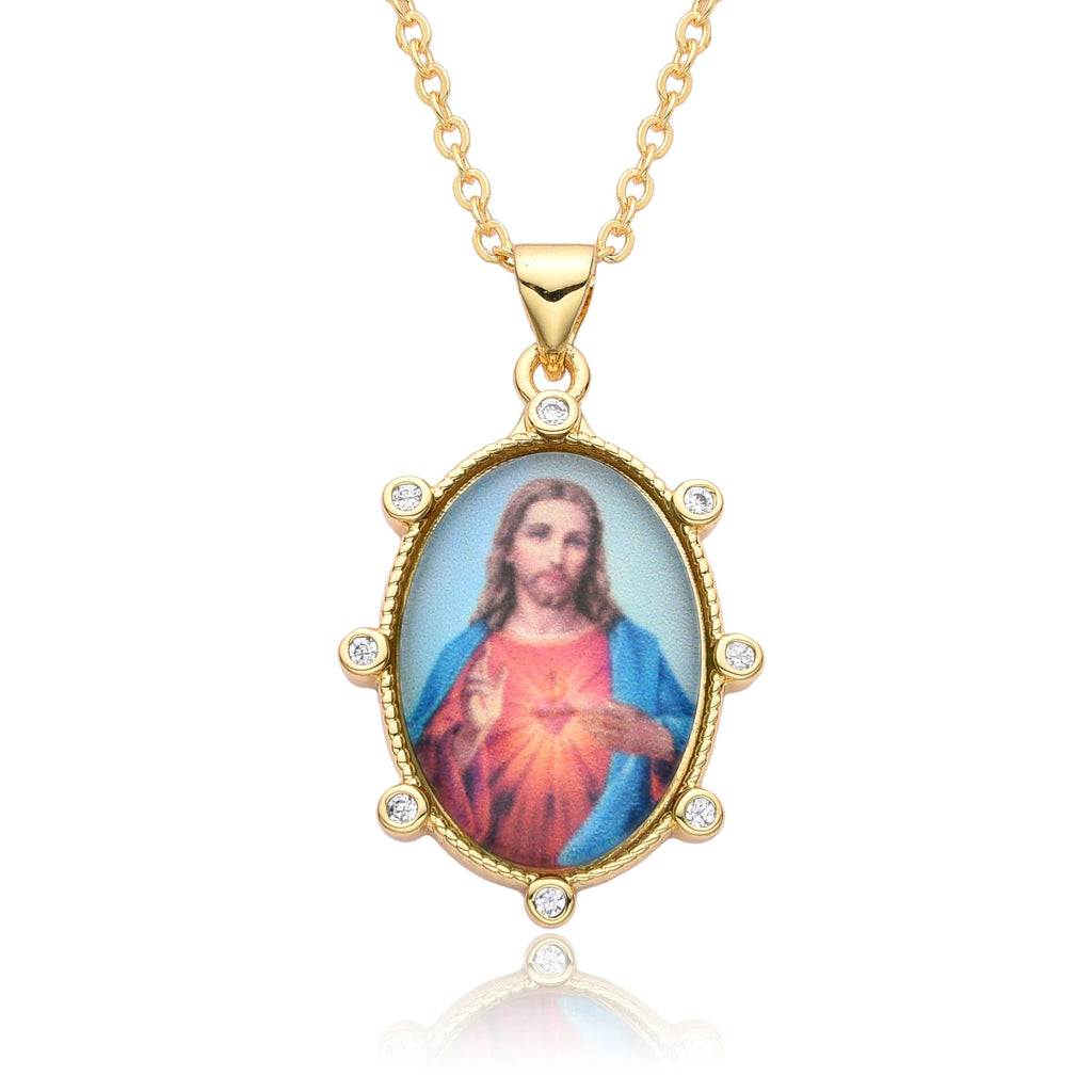 Gold Plated Enamel Virgin Mary Pendant Sacred Heart of Jesus Zirconia Edges Medal Necklace Divine Child Charms Catholic Jewelry
