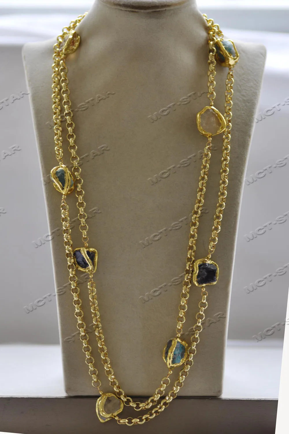 Z12659 56'' 20mm Baroque Amethyst Aquamarine Crystal Gold-Plated Chain Necklace