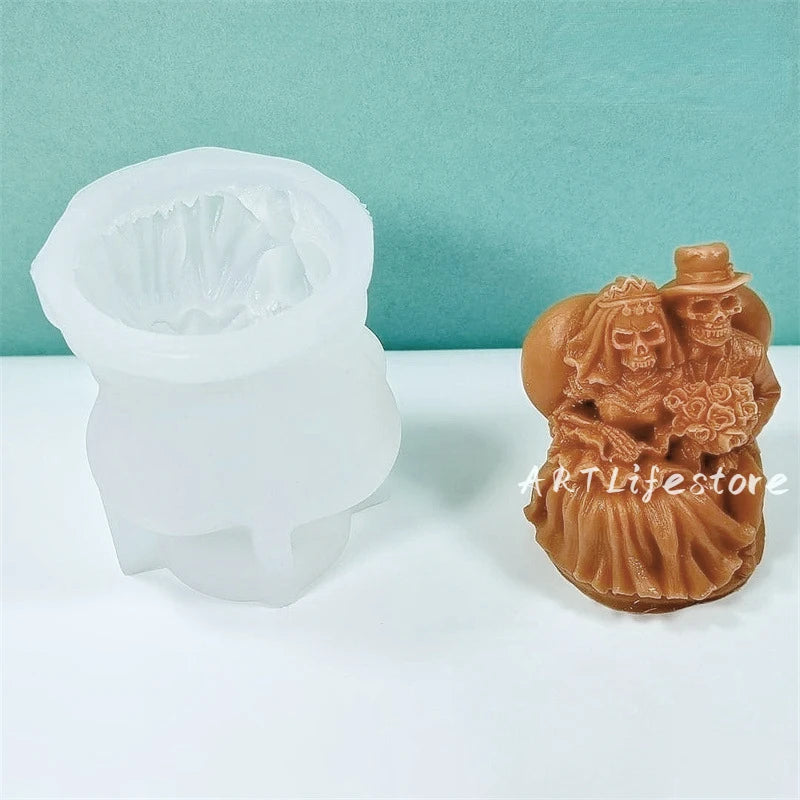 New Skull Couple Silicone Candle Mold DIY Bride and Groom Sculpture Crafts Plaster Resin Casting Tool Halloween Decoration Gift