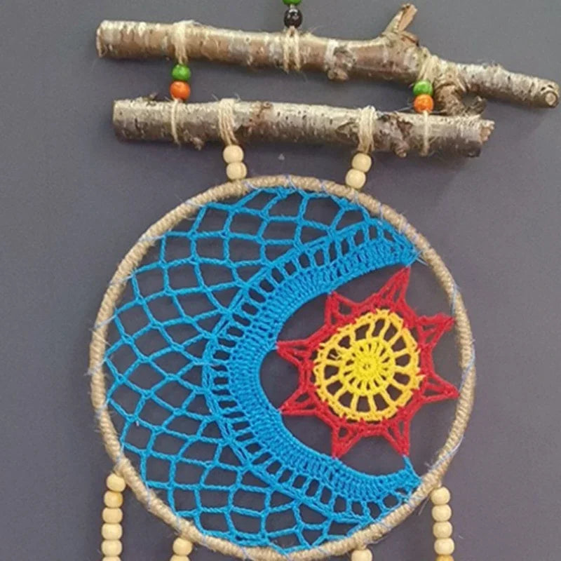 Wooden Beads Dream Catcher Net Tree Branches Hand Woven Tapestry Moon Sun Wall Blanket Covered Pipeline Vintage Art Pendant 1pcs