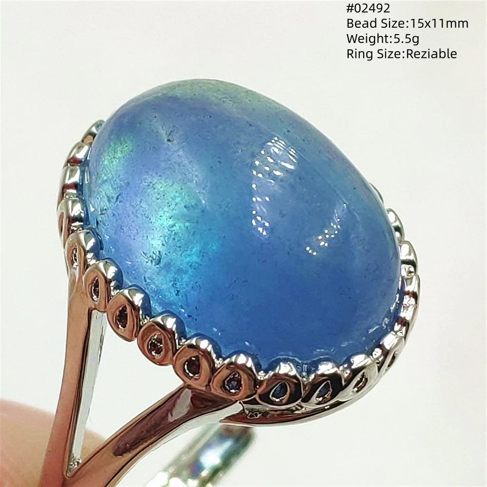 Natural Blue Aquamarine Beads Ring Adjustable Brazil Ring Oval 925 Sterling Silver Aquamarine Jewelry Women AAAAA