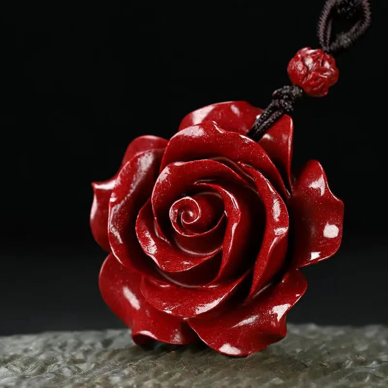 Fashion Cinnabar Jade Rose Flower Pendant Necklace Jewellery Chinese Healing Women Man Luck Gift Sweater Chain Amulet