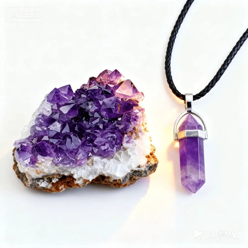 2pcs Amethyst Set: Amethyst Clusters + Necklace Exquisite Cave Clusters Suitable for Living Room/Bedroom Decoration