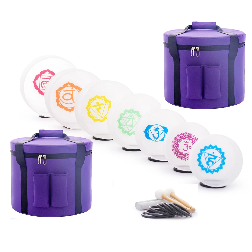 440/432HZ Color Chakra Frosted Quartz Crystal Singing Bowls 6-12" set of 7pcs for yoga and Meditation Sound Healing with Bag