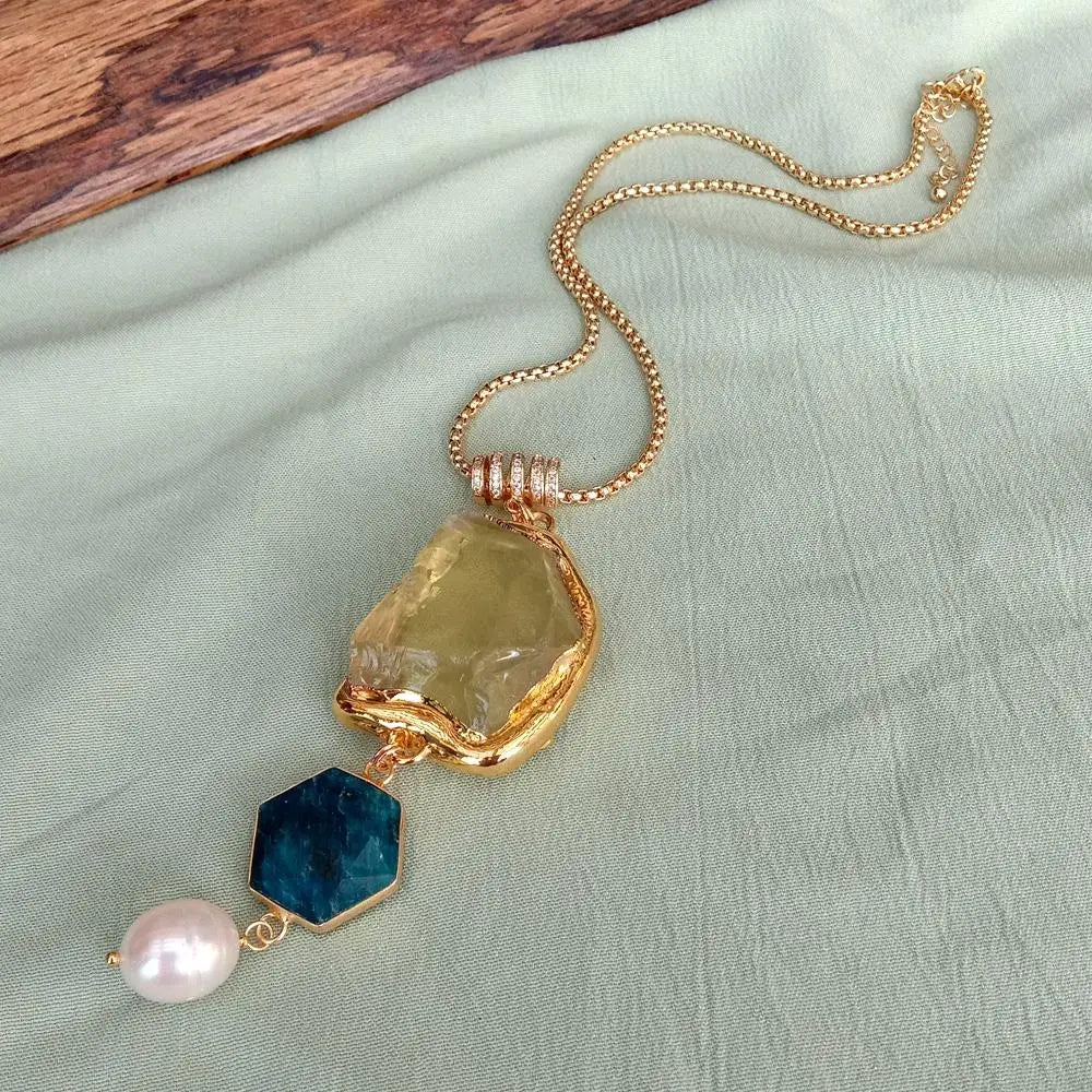 Y·YING Natural Yellow Lemon Quartz Blue Apatite Cultured White Rice Pearl Gold Plated Chain Necklace Jewelry