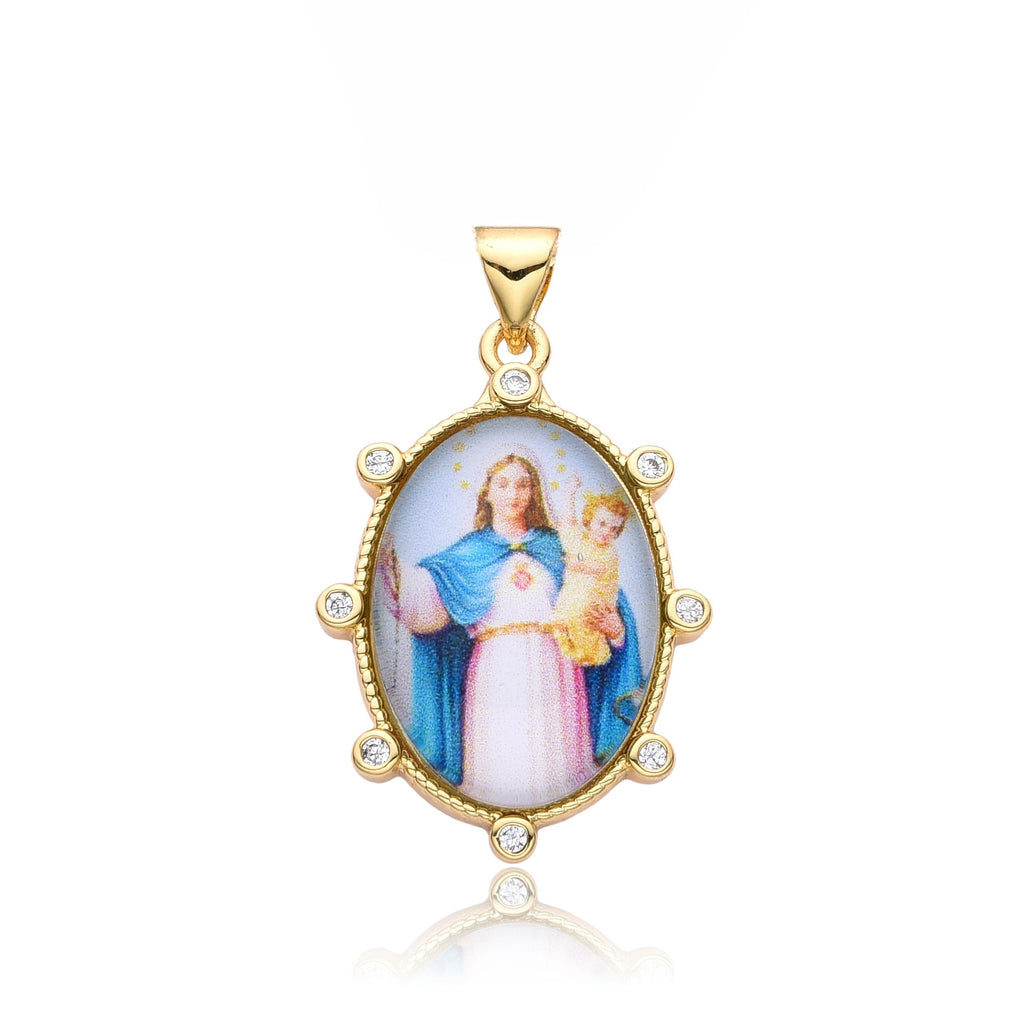 Gold Plated Enamel Virgin Mary Pendant Sacred Heart of Jesus Zirconia Edges Medal Necklace Divine Child Charms Catholic Jewelry