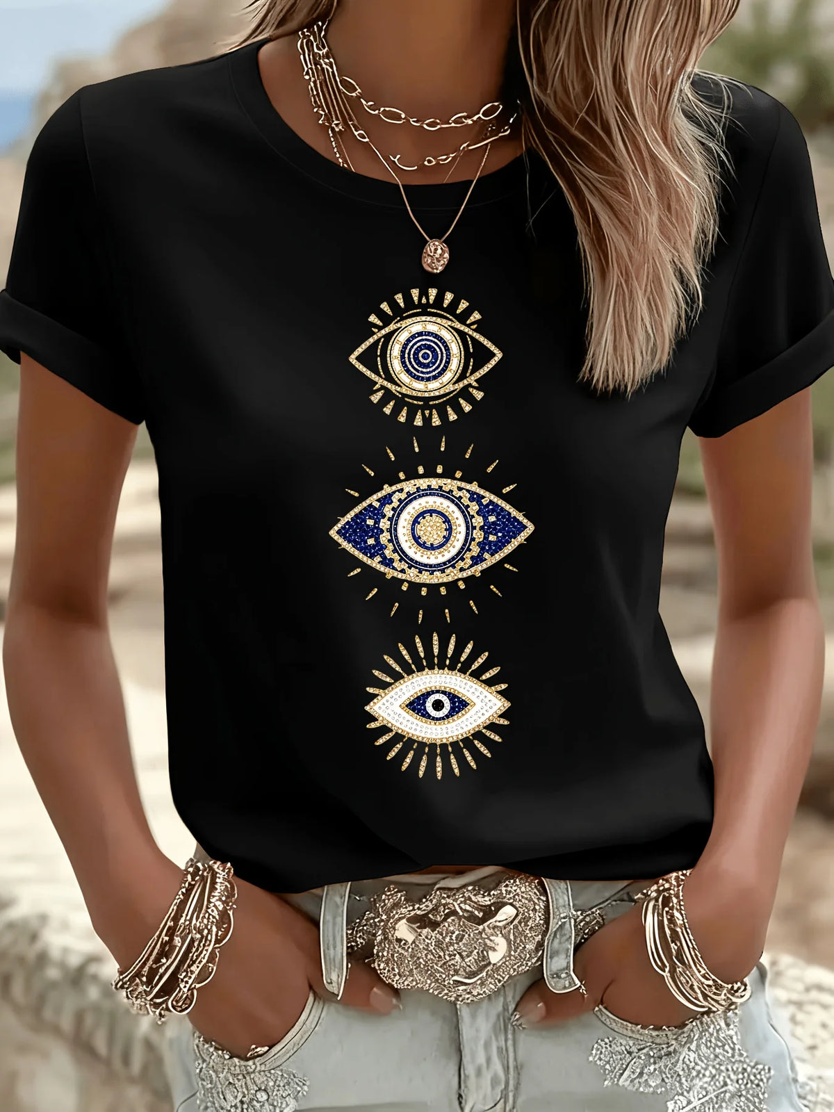 Bohemian Mysterious Eye Pattern Top Türkiye Eye Theme Round Neck Short Sleeve Blue Gold Color Pair Evil Eye Casual Daily T-shirt
